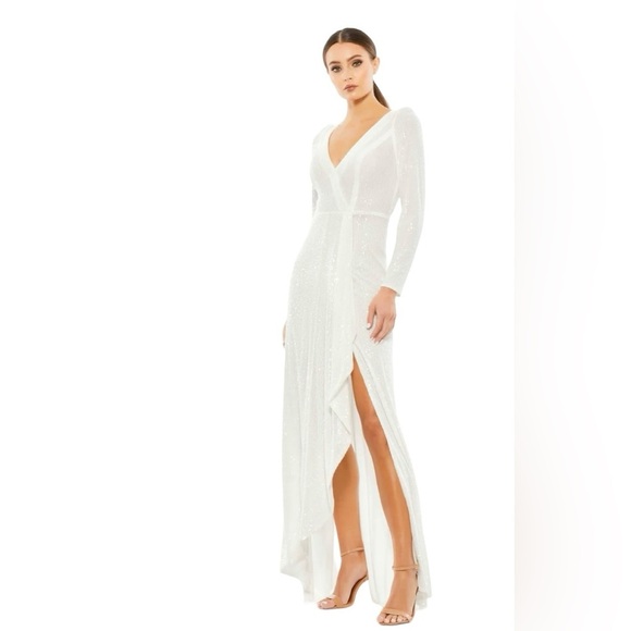 Mac Duggal Dresses & Skirts - NWT Mac Duggal Sequin Wrap Long Sleeve High Slit Gown 12